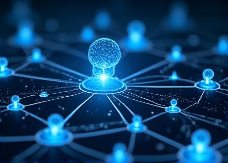 Futuristic digital interface showing AI nodes and global connectivity