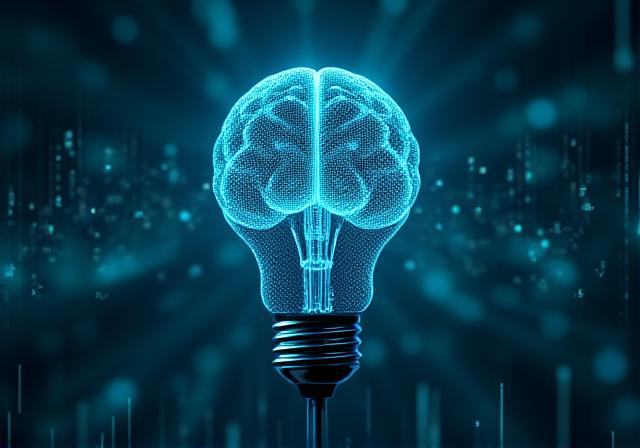 Abstract visualization of data flowing into a brain-shaped lightbulb