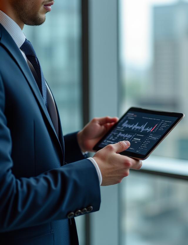 Business professional reviewing data on a tablet in a modern office